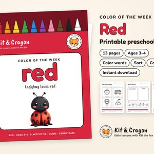 Op de afbeelding: Een rood printbaar voorschools pakket getiteld Color of the Week Red met een lieveheersbeestje-illustratie. Het pakket bevat 13 pagina's voor 3-4 jarigen met activiteiten zoals kleurwoorden, sorteren en tellen. Tekst bevat Kit & Crayon en Ladybug loves red.