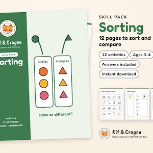 May include: A Kit & Crayon Sorting skill pack for ages 3-4, featuring 12 pages of activities to sort and compare shapes. The cover displays a green and white design with a fox logo, the text Sorting, and illustrations of circles and triangles.