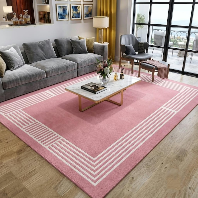 Handmade Pink Tufted Wool Rug Modern Geometric Area Rug Soft Plush ...