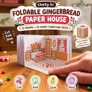 Foldable Gingerbread Paper House, Christmas Printable Craft, 12 Rooms and 23 Candy Furniture Pieces