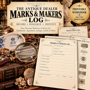 May include: A printable workbook titled The Antique Dealer Marks & Makers Log, featuring pages for recording hallmarks, signatures, and stamps. The set includes a maker directory and log sheets with fields for item details, research, and identification notes.