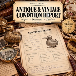 May include: A beige paper Antique Trade Co. condition report form featuring a bird inkwell illustration, dimensions of 3 inches by 2.5 inches, and handwritten notes. The document includes checkboxes for condition details and a section for observations.