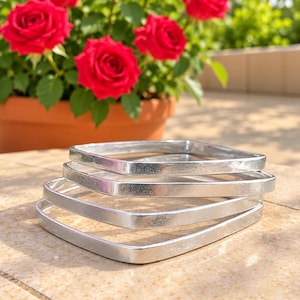 Set of 4 Square Bangles, Mexican Semanario Stacking Bracelets, Silver Plated