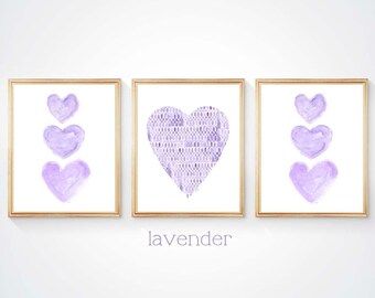 Lavender Wall Art, Set of 3 Lavender Prints, Lavender Nursery Decor, Purple Girls Room, Purple Heart Art, Purple Heart, Light Purple Art