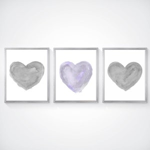 Lavender and Gray Wall Art, Set of 3 Watercolor Heart Prints, Purple and Gray Wall Art, Lavender Nursery Decor, Purple and Gray Nursery Art