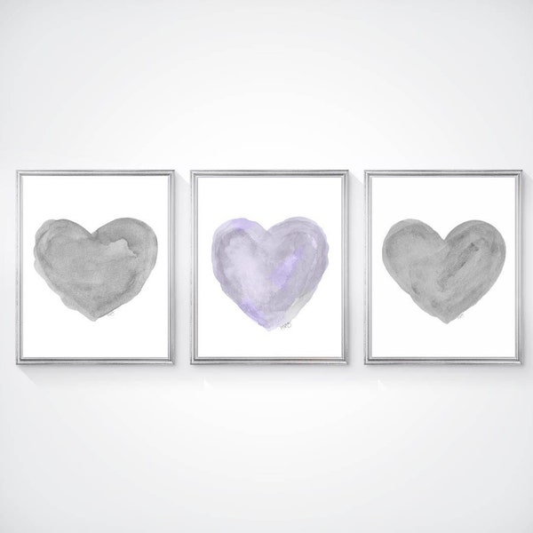 Lavender and Gray Art, Set of 3 Watercolor Heart Prints, Purple and Gray Wall Art, Lavender Nursery Decor, Purple and Gray Nursery Art