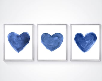 Navy Heart Prints, Set of 3, Navy Dorm Wall Decor