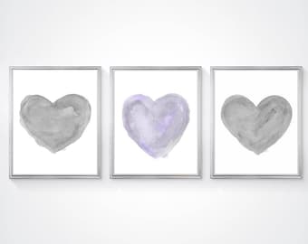 Lavender and Gray Art, Set of 3 Watercolor Heart Prints, Purple and Gray Wall Art, Lavender Nursery Decor, Purple and Gray Nursery Art