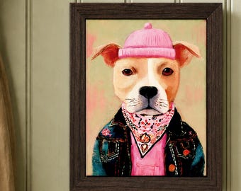 Whimsical Pit Bull Gift, Boho Pet Portrait, Pink Dog Wall Art Printable, Pit Bull in Jean Jacket