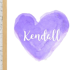 Purple Bedroom Print with Name, Purple Nursery Art, Purple Heart, Purple Bathroom Decor, Girls Name Print, Watercolor Heart Artwork
