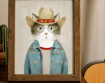 Cowboy Core Cat Wall Art, Western Animal Portrait, Ranch Decor, Country Farmhouse (Digital Download)