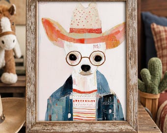 Cowboy Chihuahua Portrait Wall Art, Western Dog Cowboy Core Decor (Digital Download)