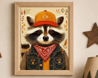 Rustic Cabin Art , Raccoon Western Portrait Art, Forest Animal Portrait,  (Digital Download), Cottagecore Wall Art