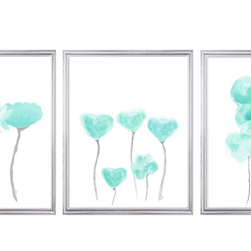 Sumgar Teal Flower Framed Wall Art Set of 3 Botanical Canvas Etsy