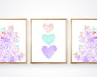 Lavender and Blush Prints, Set of 3, Lavender and Turquoise Flower Prints, Pastel Wall Decor for Girls, Purple and Blush Nursery Decor