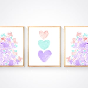 Lavender and Blush Wall Decor, Set of 3 Pastel Flower Prints for Girls