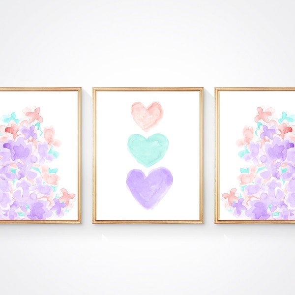 Lavender and Blush Prints, Set of 3, Lavender and Turquoise Flower Prints, Pastel Wall Decor for Girls, Purple and Blush Nursery Decor
