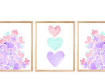 Lavender and Pink Prints, Set of 3, Lavender and Aqua Flower Prints, Pastel Wall Decor, Purple and Pink Nursery Decor, Seafoam Green Print