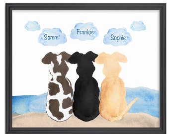 Dogs at Beach Wall Art, 3 Dogs Gift, Dogs at Beach Memorial Art, Dog Beach Artwork, 3 Dog Memorial Gift, Dog Sympathy, Coastal Wall Decor