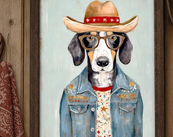 Cowboy Hound Dog Printable Wall Art, Western Dog Portrait Digital Download, Ranch Wall Decor, Country Home Decor