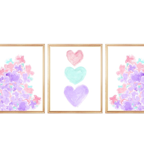 Lavender and Pink Prints, Set of 3, Lavender and Aqua Flower Prints, Pastel Wall Decor, Purple and Pink Nursery Decor, Seafoam Green Print