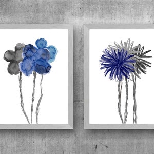 Navy and Gray Wall Decor, Set of 2, Indigo and Gray Prints, Indigo Wall Decor, Navy Floral Artwork, Navy and Gray Wall Decor, Navy Bedroom
