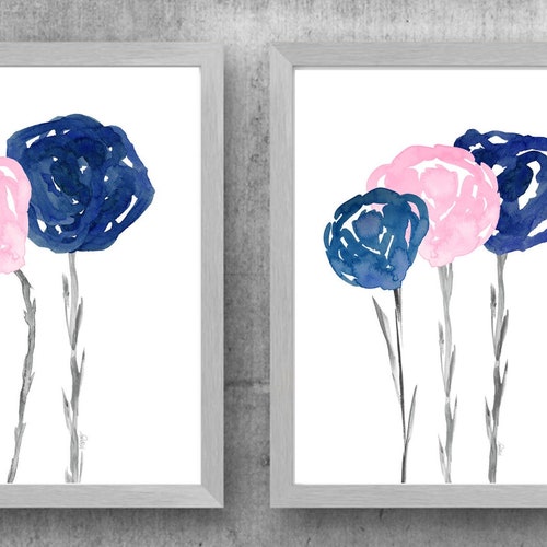 Blue and Gray Floral Wall Art Set of 3 Prints Contemporary Etsy