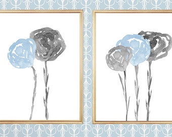 Light Blue & Gray Floral Wall Prints Set of 2, Blue Gray Botanical Artwork, Dusty Blue Flower Wall Decor, Bathroom or Bedroom Wall Art