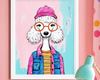 Poodle Wall Art Printable, Pink Dog Portrait, Dopamine Decor (Digital Download)