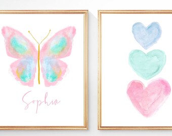 Pastel Butterfly Prints, Print Set of 2, Girls Pastel Bedroom Decor, Butterfly Nursery Print, Pastel Wall Art, Pastel Nursery Art, Butterfly