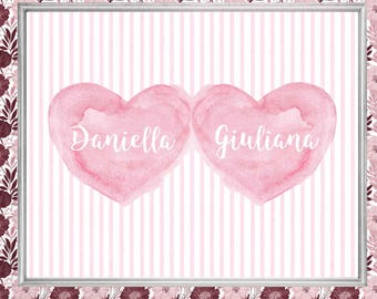 Twin Girls Watercolor Hearts Print, Personalized Sister Gift