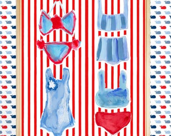 Retro Swimsuits Print, Red White Blue Summer Artwork, Beach House Decor, Striped Background