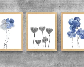 Blue and Gray Wall Decor, Set of 3 Watercolor Prints, Blue Gray Floral Prints, Navy and Gray Wall Decor,  Navy Living Room Art