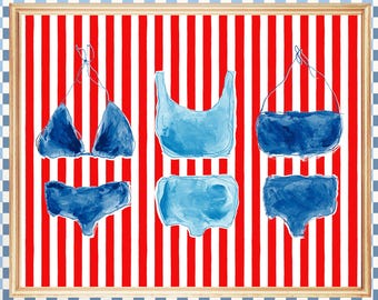 Retro Swimsuits Print, Red White Blue Beach Artwork, Striped Background Summer Art