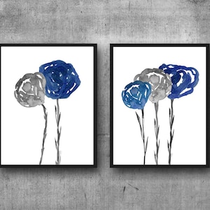 Floral Wall Art, Navy and Gray Art Wall, Set of 2, Navy and Gray Flower Prints, Living Room Art, Floral Prints, Navy Wall Decor