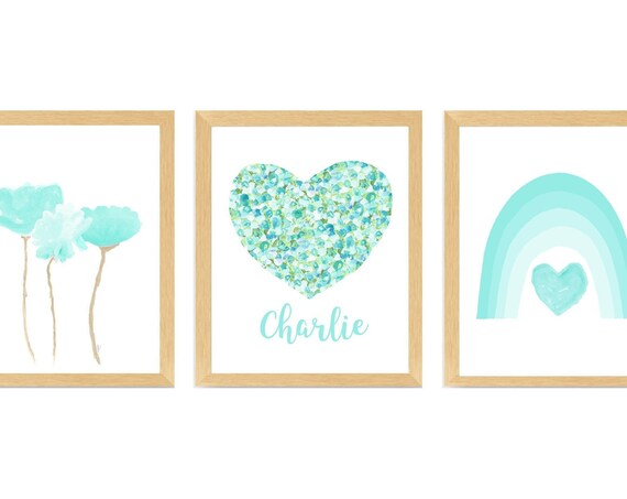 Seafoam Green Girls Room Decor:  Flowers, Rainbow, and Personalized Floral Heart Prints