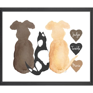 Dogs with Cat Gift, Pet Family Portrait, Cat and Dog Tribute, 3 Pet Portrait, Personalized Dog and Cat Gift, 2 Dogs 1 Cat Gift, 8x10 Print