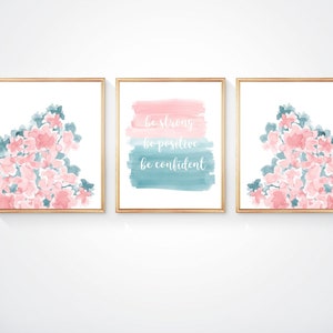 Teal & Blush Wall Prints for Girls Room, Inspirational Tween Bedroom Decor, Soft Pastel Kids Wall Art, Tween Wall Art, Flower Wall Art