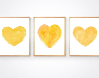 Yellow Heart Prints, Set of 3, Yellow Wall Decor, Yellow Nursery, Yellow Girls Room, Bright Yellow Artwork, Golden Yellow Wall Art