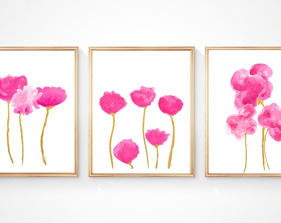 Hot Pink Flower Prints with Gold Stems, Set of 3