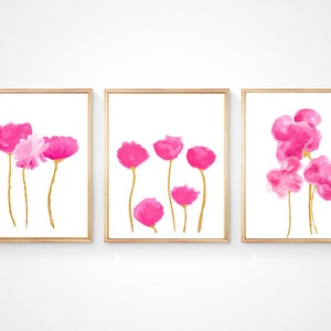 Hot Pink Flower Prints with Gold Stems, Set of 3, Pink Gold Wall Decor, Bright Pink Artwork, Hot Pink Flower Prints, Pink Bedroom Wall Decor