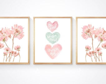 Dream Big Wildflower Print Set, Blush Inspirational Artwork, Tween Wall Decor, Set of 3, Blush Flower Prints, Blush Pink Wall Decor
