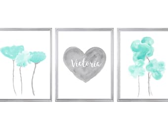 Aqua and Gray Girls Wall Art, Set of 3 Prints, Aqua Girls Room Decor, Teal and Gray Wall Art, Aqua and Gray Prints for Nursery