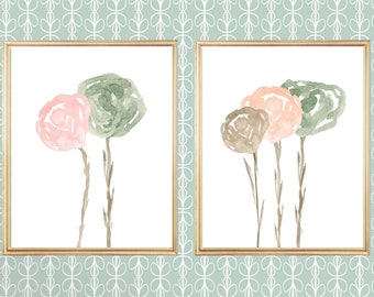 Blush Pink and Sage Art Prints, Garden Girl Art Prints, Set of 2, Cottage Wall Decor, Pink and Sage Girls Room, Blush and Green Prints