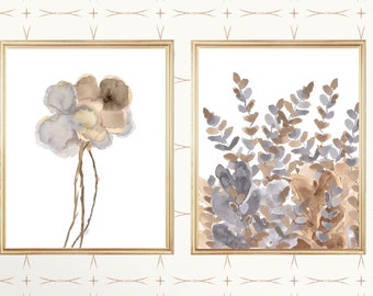 Floral Watercolor Print Set, Gold & Gray Fern, Neutral Wall Art