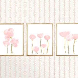 Blush Artwork, Petal Pink Wall Decor, Set of 3, Blush Flower Prints, Blush Wall Decor, Blush Pink Flower Prints, Pale Pink Artwork, Blush/Gold Stems