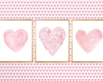 Girls Nursery Prints Set of 3, Pink Watercolor Hearts, Pink Girls Bedroom Decor, Dorm Decor