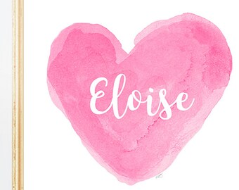 Hot Pink Nursery Print, Girls Bedroom Name, Hot Pink Watercolor Heart, Bright Pink Nursery Decor, Girls Wall Decor, Girls Room Decor