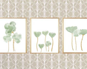 Sage Green Wall Art, Sage and Gold Flower Prints, Set of 3, Sage Green Wall Decor, Sage Artwork, Sage and Gold Bedroom, Sage Green Bathroom