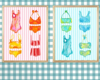 Bathing Suits Prints, Retro Girls Summer Artwork, Beach House Decor, Nostalgic Swimsuits Wall Art